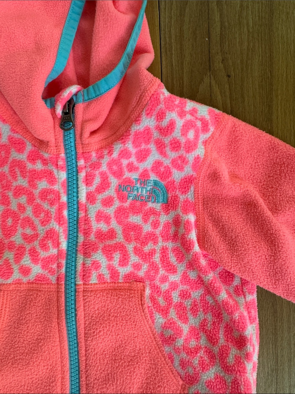 The North Face Neon Pink Hooded Fleece Jacket with Blue Trim and Leopard Panels